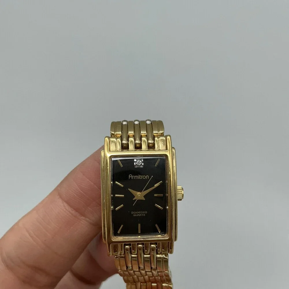 Armitron Diamond 26/5182 Womens Watch 17mm Black Gold Tone New Battery 7.25